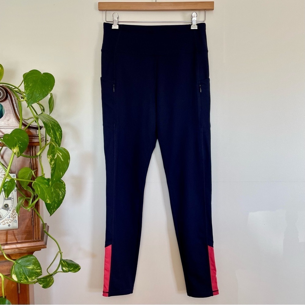 T by Talbots UPF 50+ Activewear Leggings Zip Pockets Navy & Coral Size M